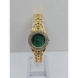 Colleen Lopez Womens Green Malachite Dial Watch Gold Tone Rhinestone New Battery